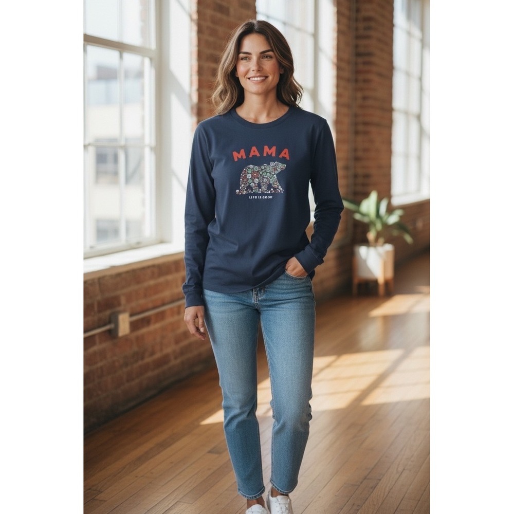 Life is Good Crusher Tee Navy Blue Mama Bear Floral Long Sleeve Shirt M-Casual‎